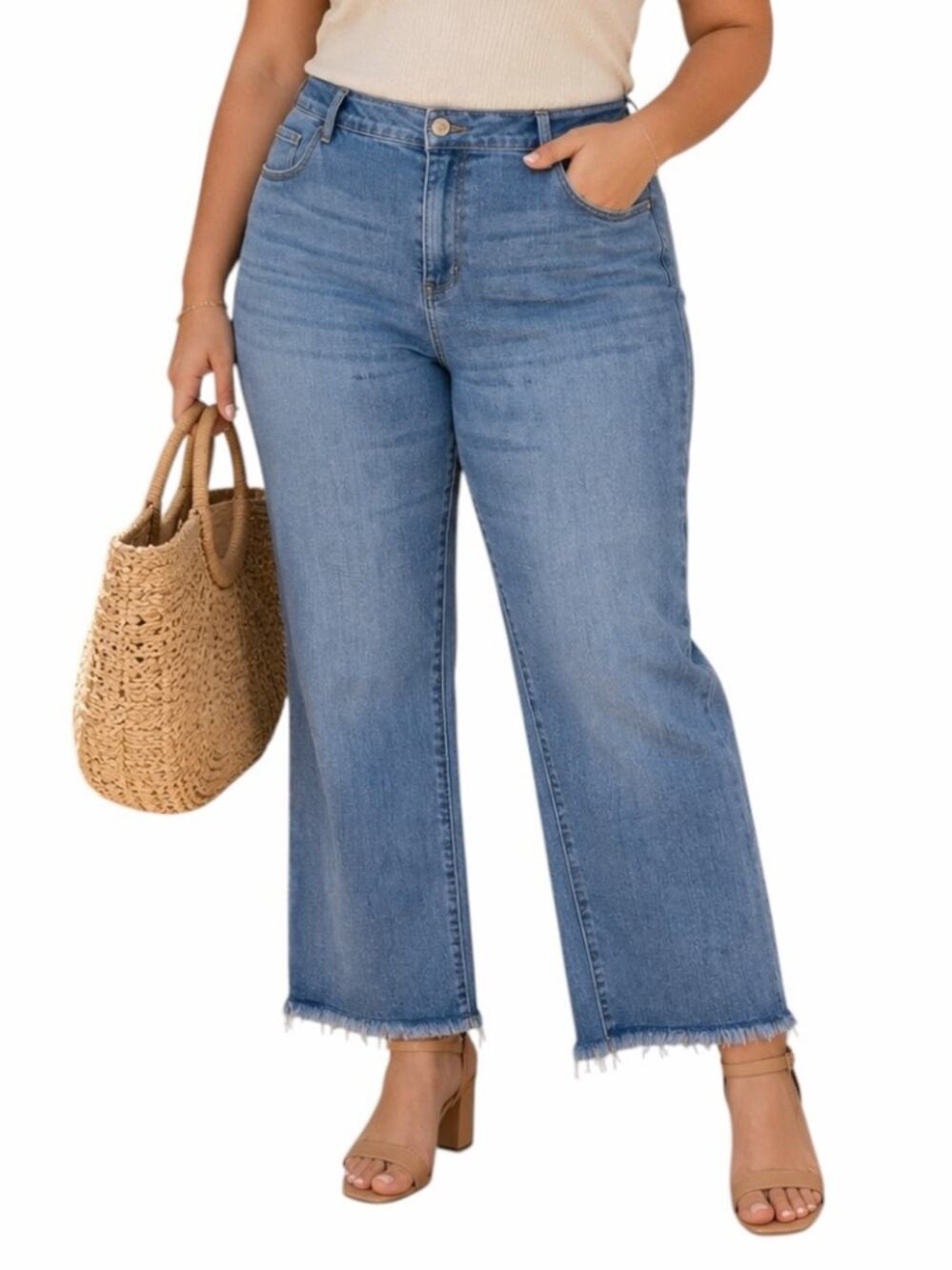 Susan Graver Girlfriend Jeans Women’s 22 Raw Hem Straight Leg Light Wash Denim